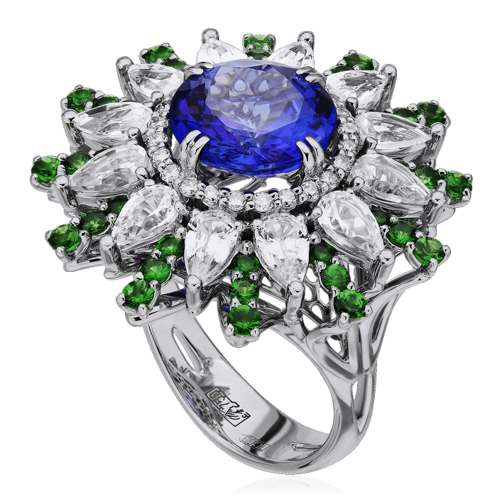Кольцо с танзанитом, сапфиром, бриллиантами, тсаворитом из белого золота 750 пробы, фото № 1