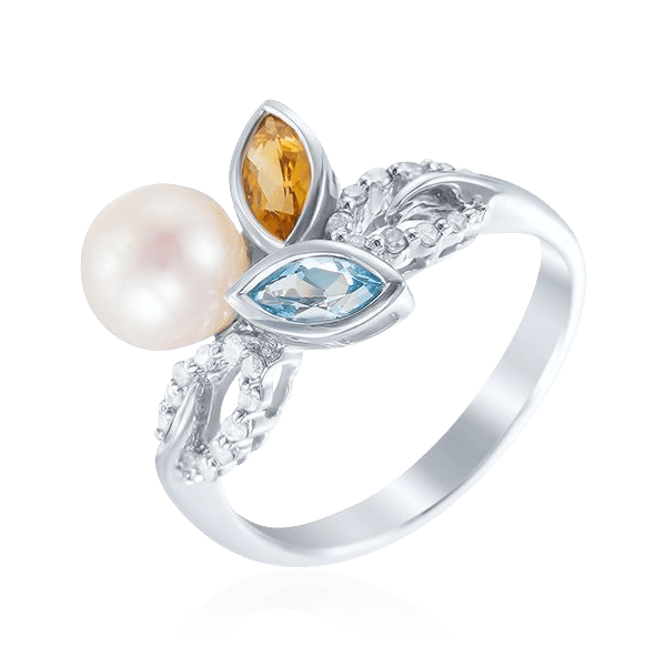 Кольцо с жемчугом, топазом, цитрином, бриллиантами из белого золота 585 пробы, фото № 1