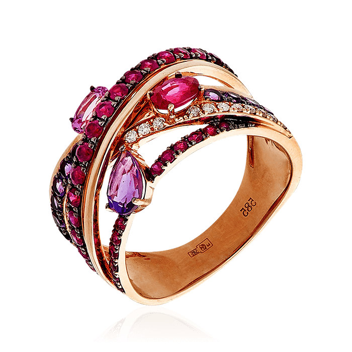 Кольцо с рубином, сапфиром, бриллиантами, аметистом из красного золота 585 пробы (арт. 56101)