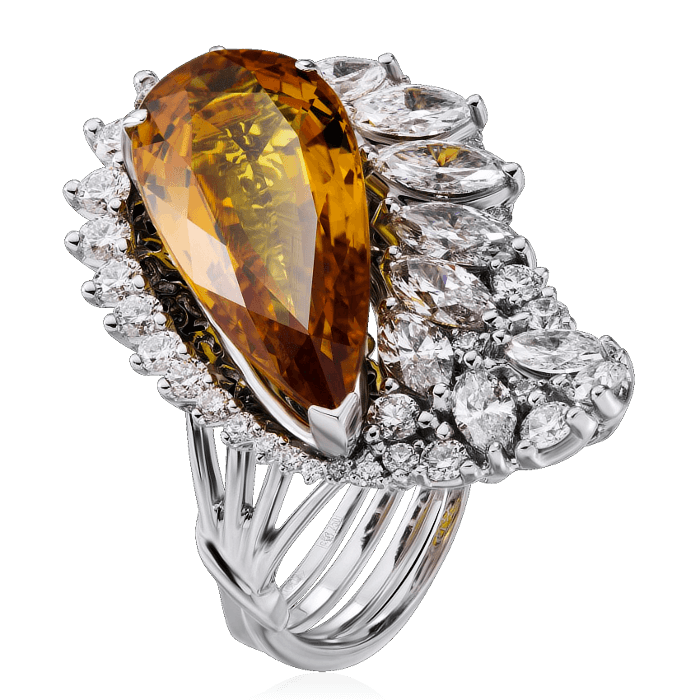 Кольцо с желтым сапфиром, бриллиантами из белого золота 750 пробы, фото № 1