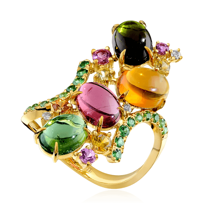 Кольцо с бриллиантами, цитрином, турмалином, демантоидом, тсаворитом, цветными сапфирами из желтого золота 750 пробы, фото № 1