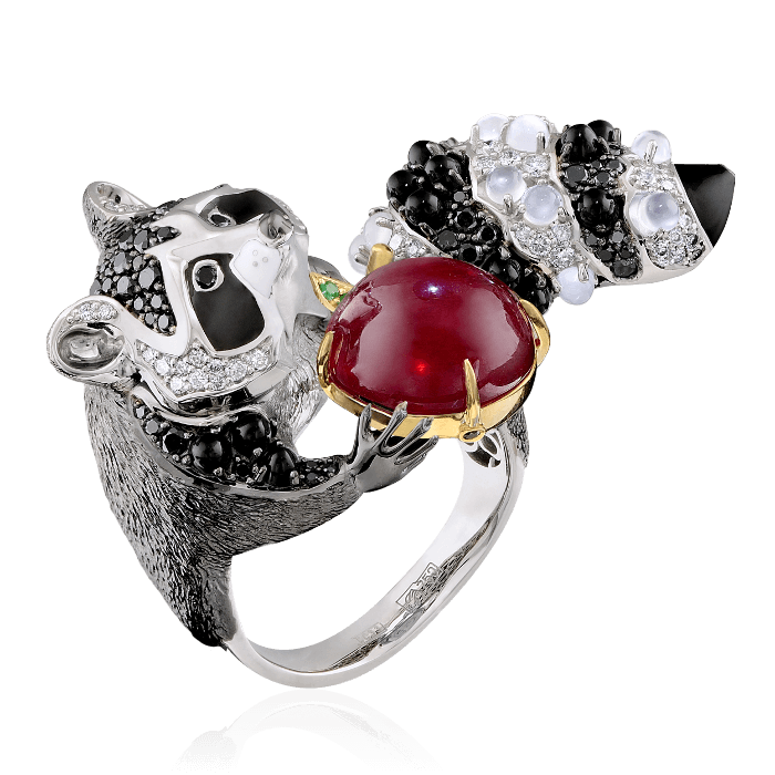 Кольцо Енот с бриллиантами и цветными камнями в белом золоте 750 пробы, фото № 1
