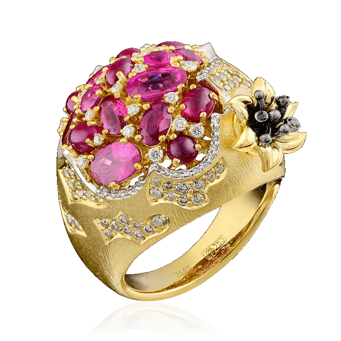 Кольцо Гранат с рубинами и бриллиантами в желтом золоте 750 пробы, фото № 1