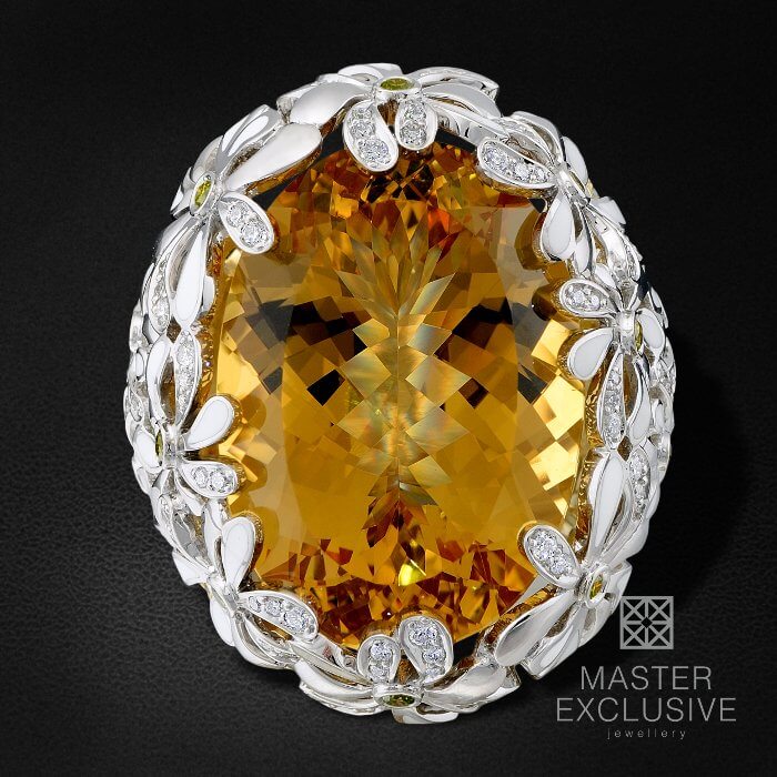 Крупное кольцо букет с цитрином, эмалью, бриллиантами из комбинированного золота 750 пробы, фото № 2