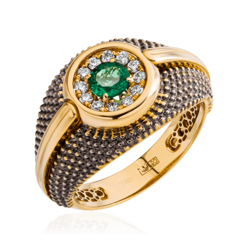 Мужское кольцо с изумрудом, бриллиантами из желтого золота 750 пробы (арт. 52259)