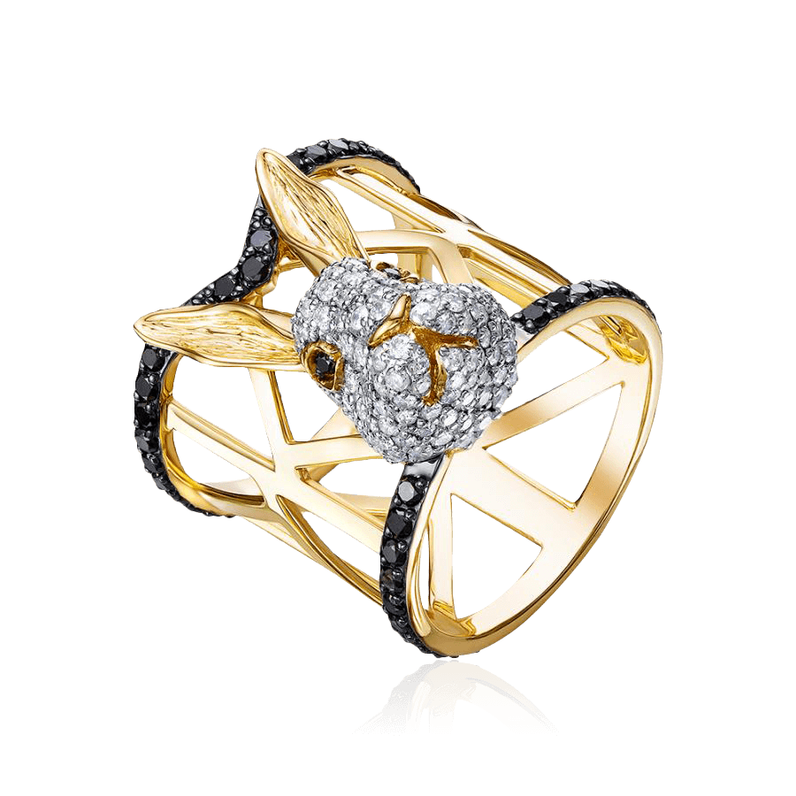 Кольцо Кролик с бриллиантами из желтого золота 585 пробы, фото № 1