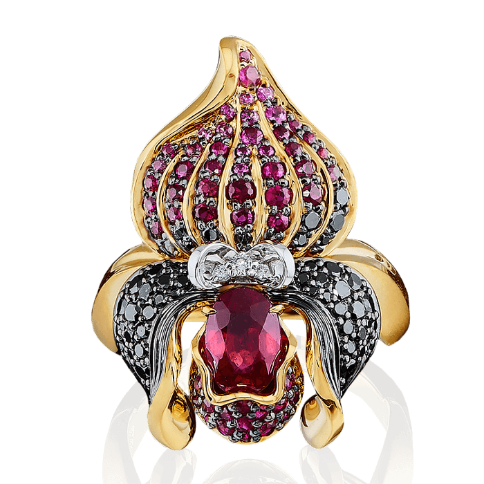 Кольцо Орхидея с рубинами, цветными сапфирами, бриллиантами из желтого золота 585 пробы, фото № 2