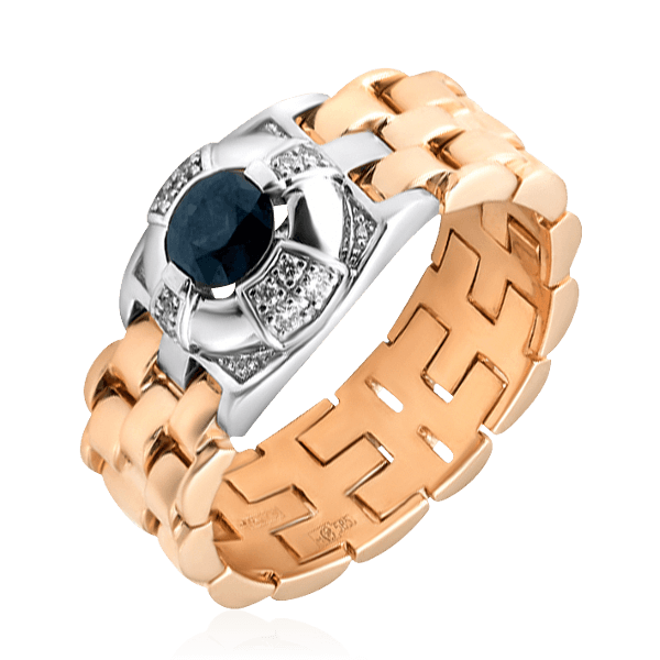 Мужское кольцо с сапфиром и бриллиантами в комбинированном золоте 585 пробы, фото № 1