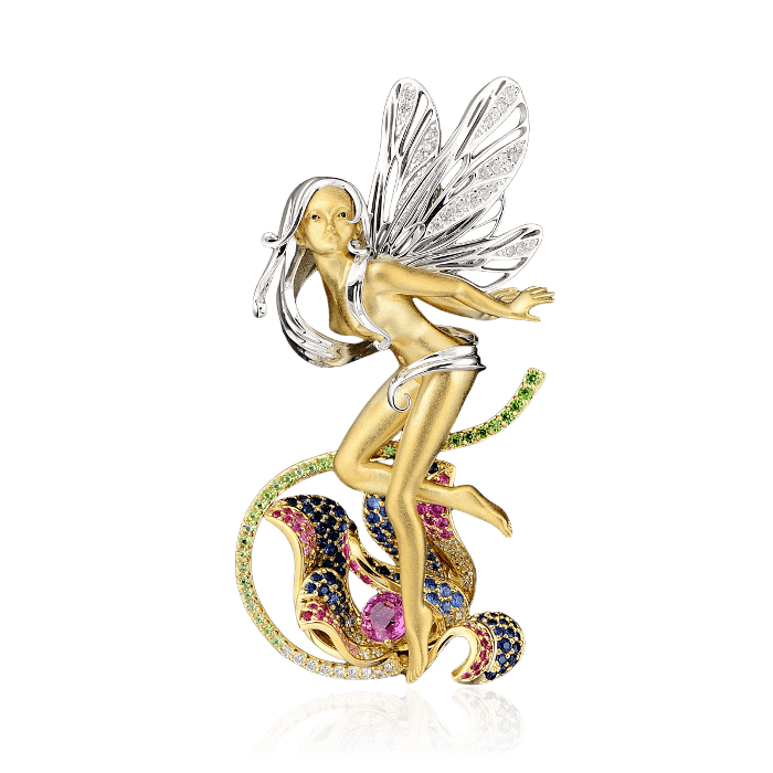 Кулон Фея с цветными камнями и бриллиантами в желтом и белом золоте 750 пробы, фото № 1