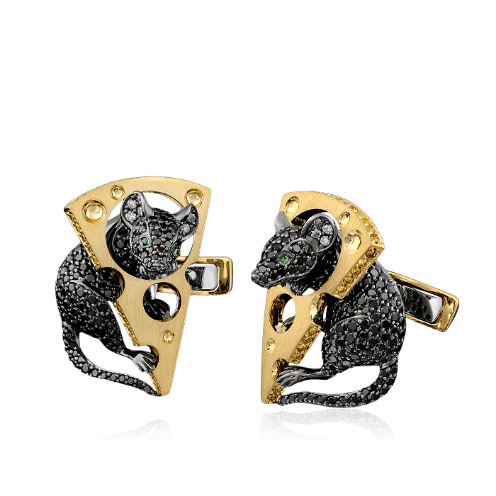 Запонки Мыши с тсаворитами и бриллиантами в черненом и желтом золоте 750 пробы (арт. 28131)