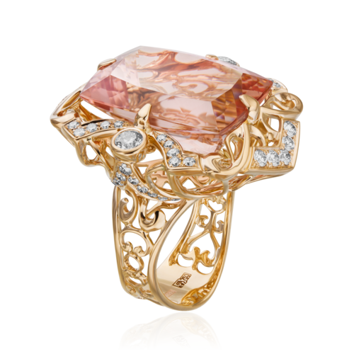 Кольцо с морганитом, бриллиантами из желтого золота 585 пробы, фото № 3