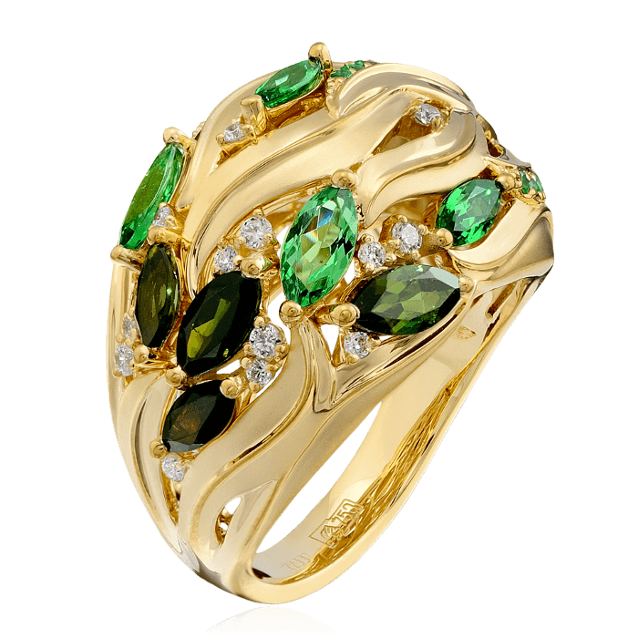 Кольцо с бриллиантами, турмалином, тсаворитом из желтого золота 750 пробы, фото № 1