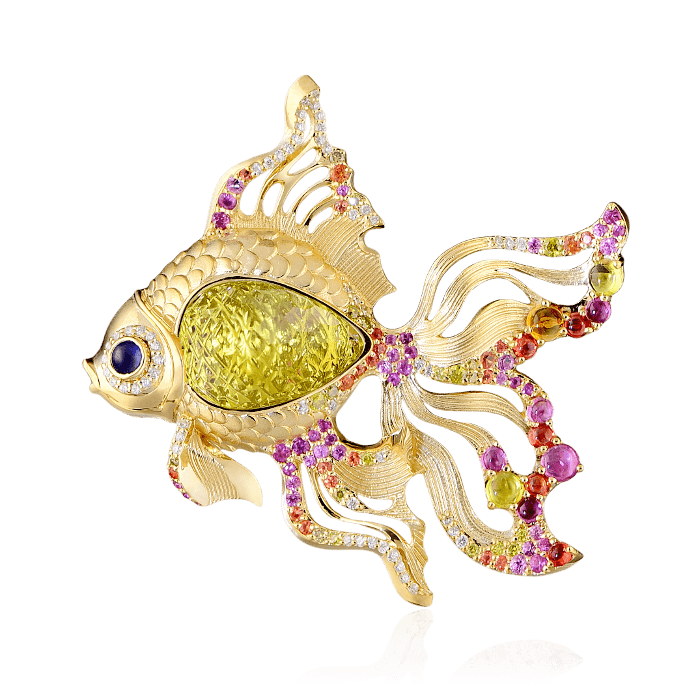 Брошь Золотая Рыбка с опалом, цитрином, турмалином, бриллиантами, сапфиром фантазийным из желтого золота 750 пробы, фото № 1