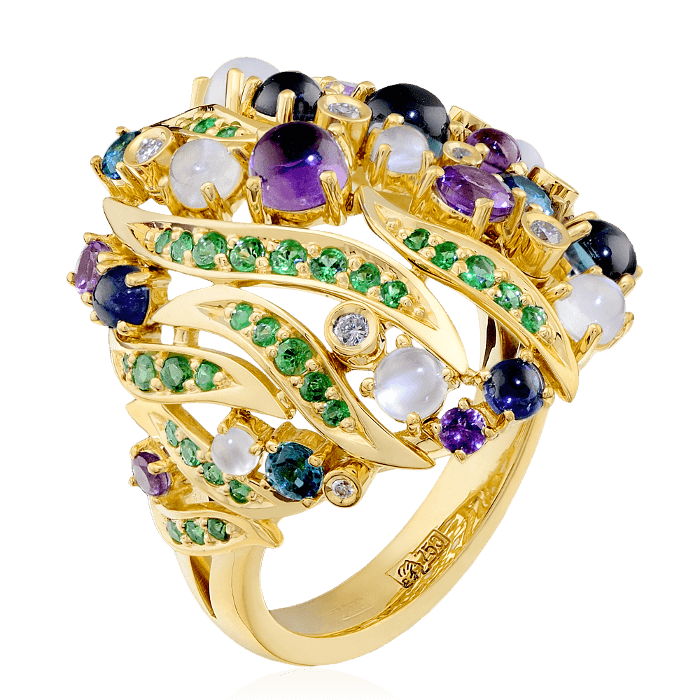 Кольцо с топазом, бриллиантами, аметистом, тсаворитом, цветными сапфирами, лунным камнем из комбинированного золота 750 пробы, фото № 1