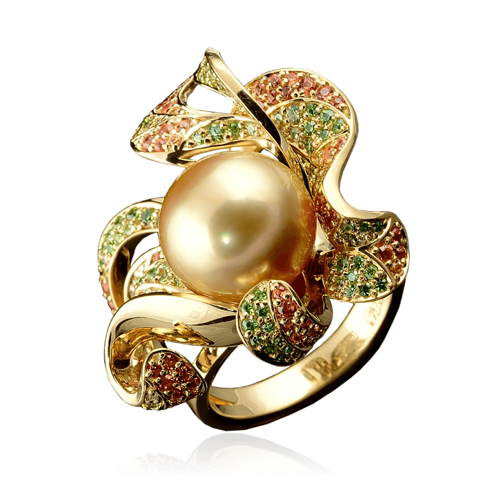 Кольцо с золотым морским жемчугом, цветными сапфирами и бриллиантами из желтого золота 585 пробы (арт. 27669)