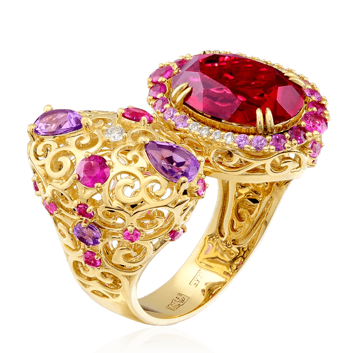 Кольцо с рубином, бриллиантами, аметистом, корундом, цветными сапфирами из желтого золота 750 пробы, фото № 2