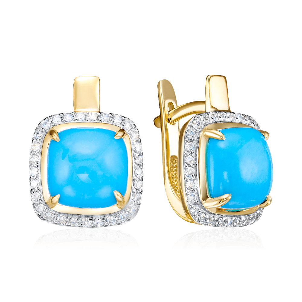 Серьги с бирюзой, бриллиантами из желтого золота 585 пробы, фото № 1