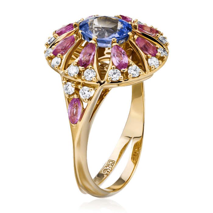Кольцо с сапфиром, розовыми сапфирами, бриллиантами из желтого золота 750 пробы, фото № 3