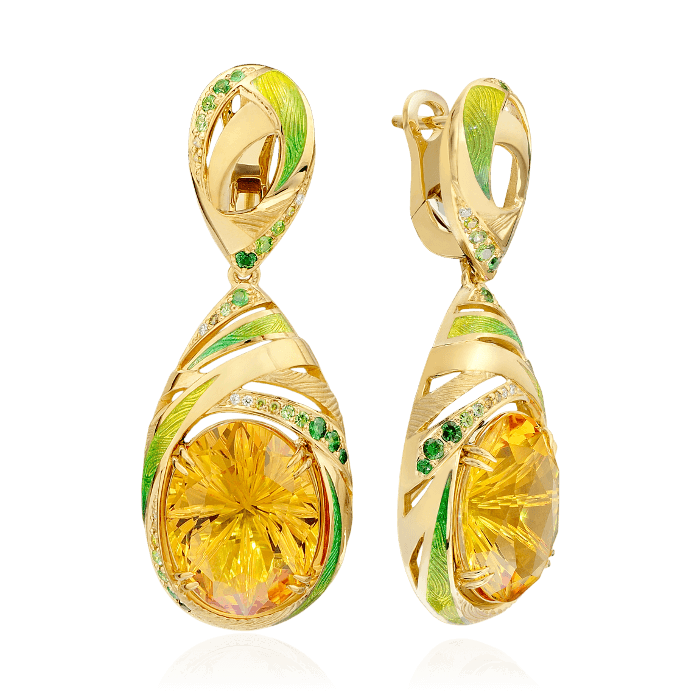 Серьги с цитрином, эмалью, бриллиантами, демантоидом, тсаворитом из желтого золота 750 пробы (арт. 37701)