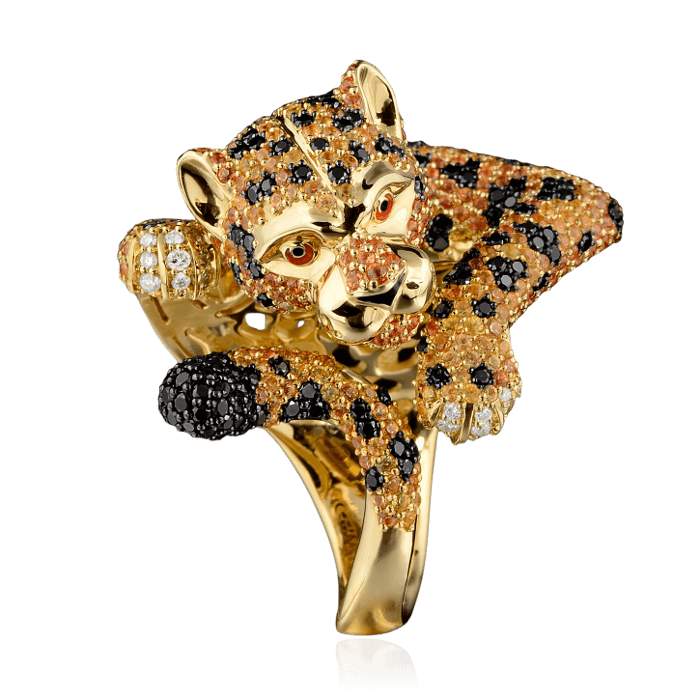 Кольцо Леопард с цветными сапфирами, бриллиантами в комбинированном золоте 750 пробы, фото № 2