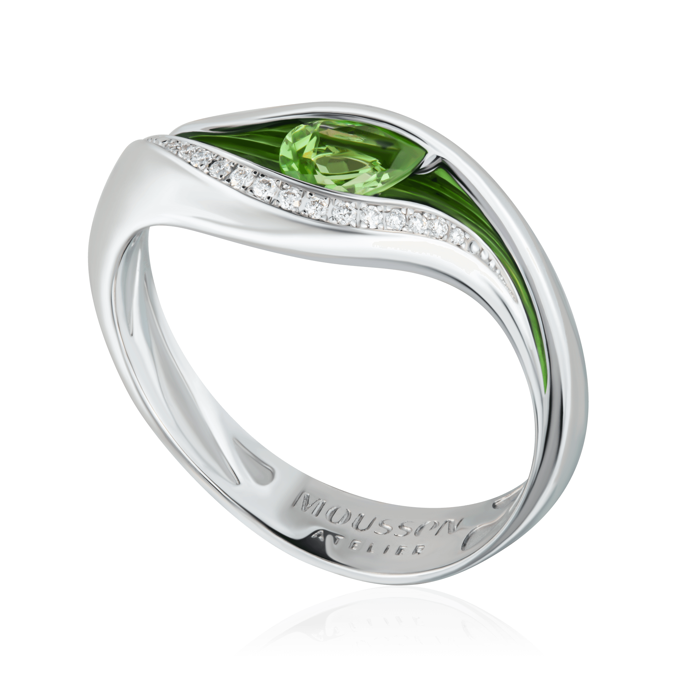 Кольцо с эмалью, бриллиантами, тсаворитом из белого золота 750 пробы, фото № 1