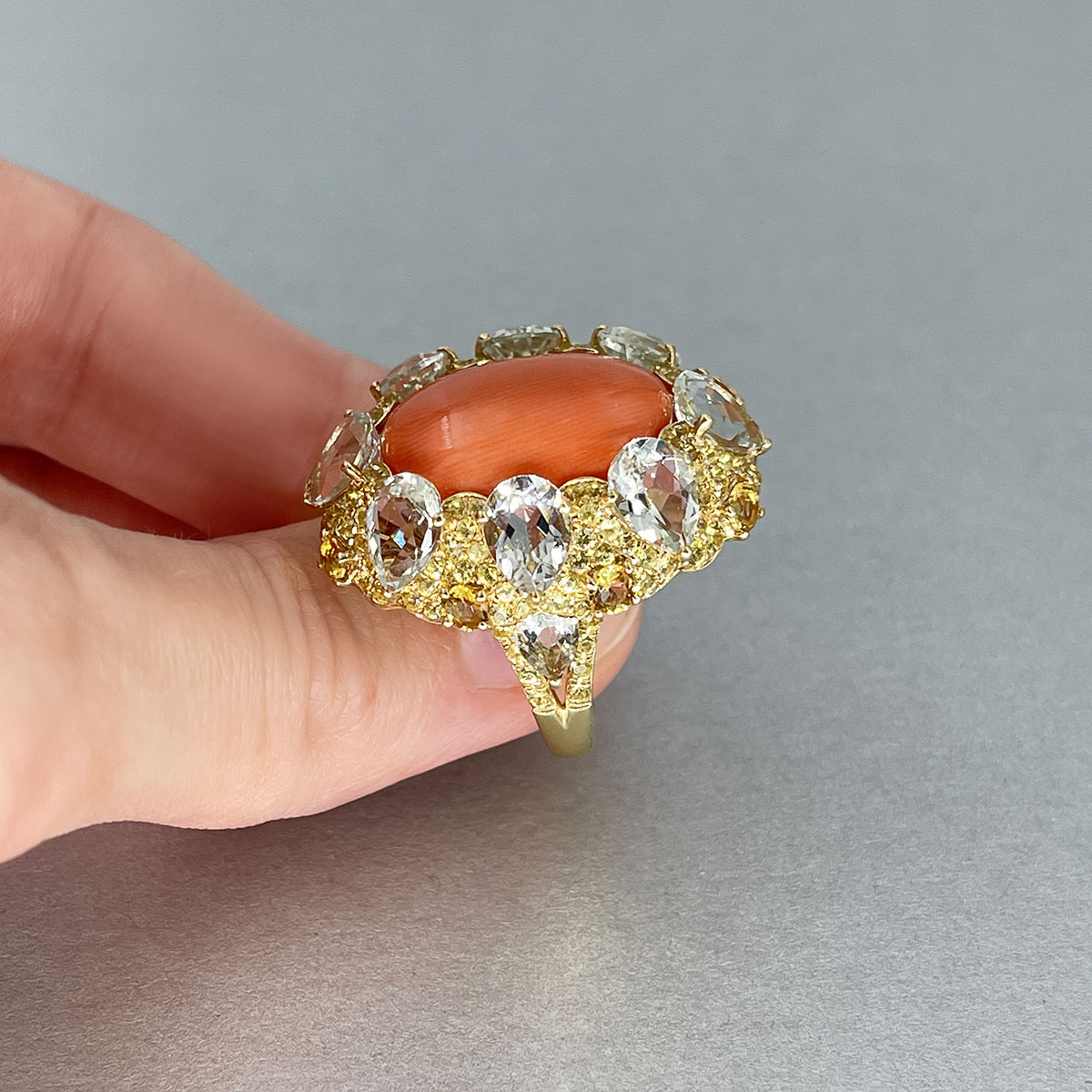 Кольцо с сапфиром, цитрином, кораллом, празиолитом из желтого золота 585 пробы, фото № 4