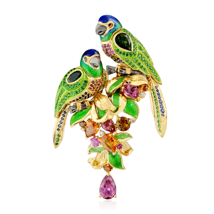 Брошь кулон Два попугая с бриллиантами и цветными камнями в желтом золоте 750 пробы (арт. 40010)