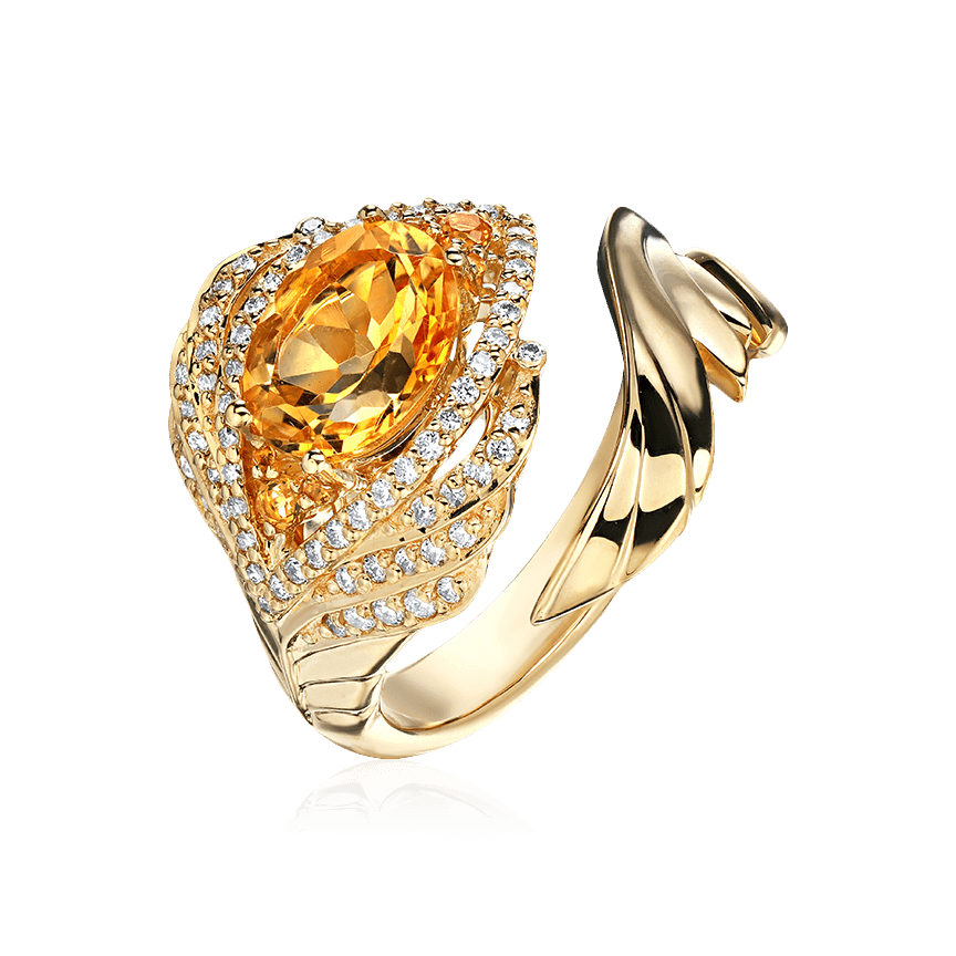 Кольцо с бриллиантами, цитрином из желтого золота 585 пробы, фото № 1