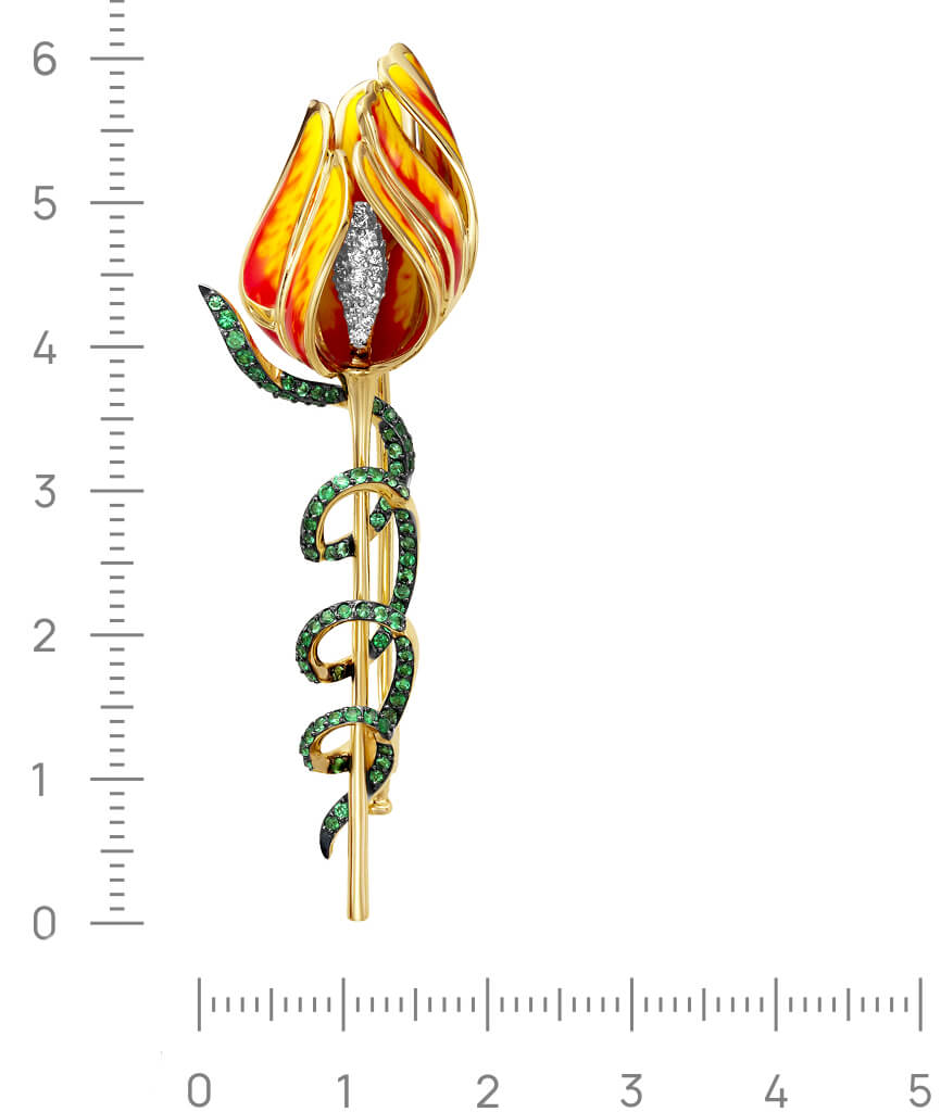 Брошь Цветок с бриллиантами, эмалью, тсаворитом из белого золота 585 пробы, фото № 2