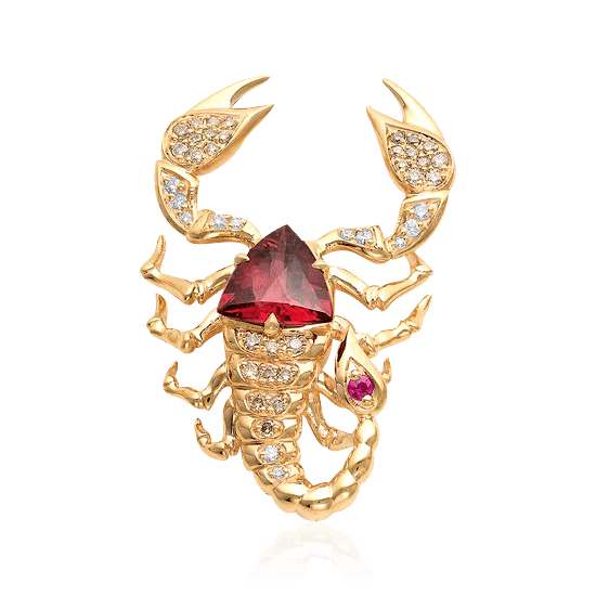 Подвеска скорпион с рубином, бриллиантами, турмалином из красного золота 585 пробы, фото № 1