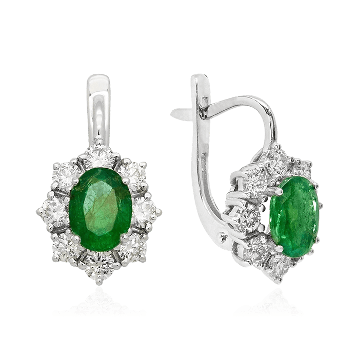 Серьги с бриллиантами, изумрудом из белого золота 585 пробы, фото № 1