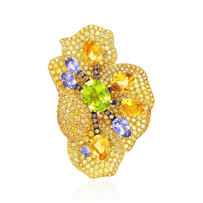 Брошь-подвеска с перидотом , цитрином , танзанитом , сапфирами , бриллиантами из желтого золота 585 пробы (арт. 60847)