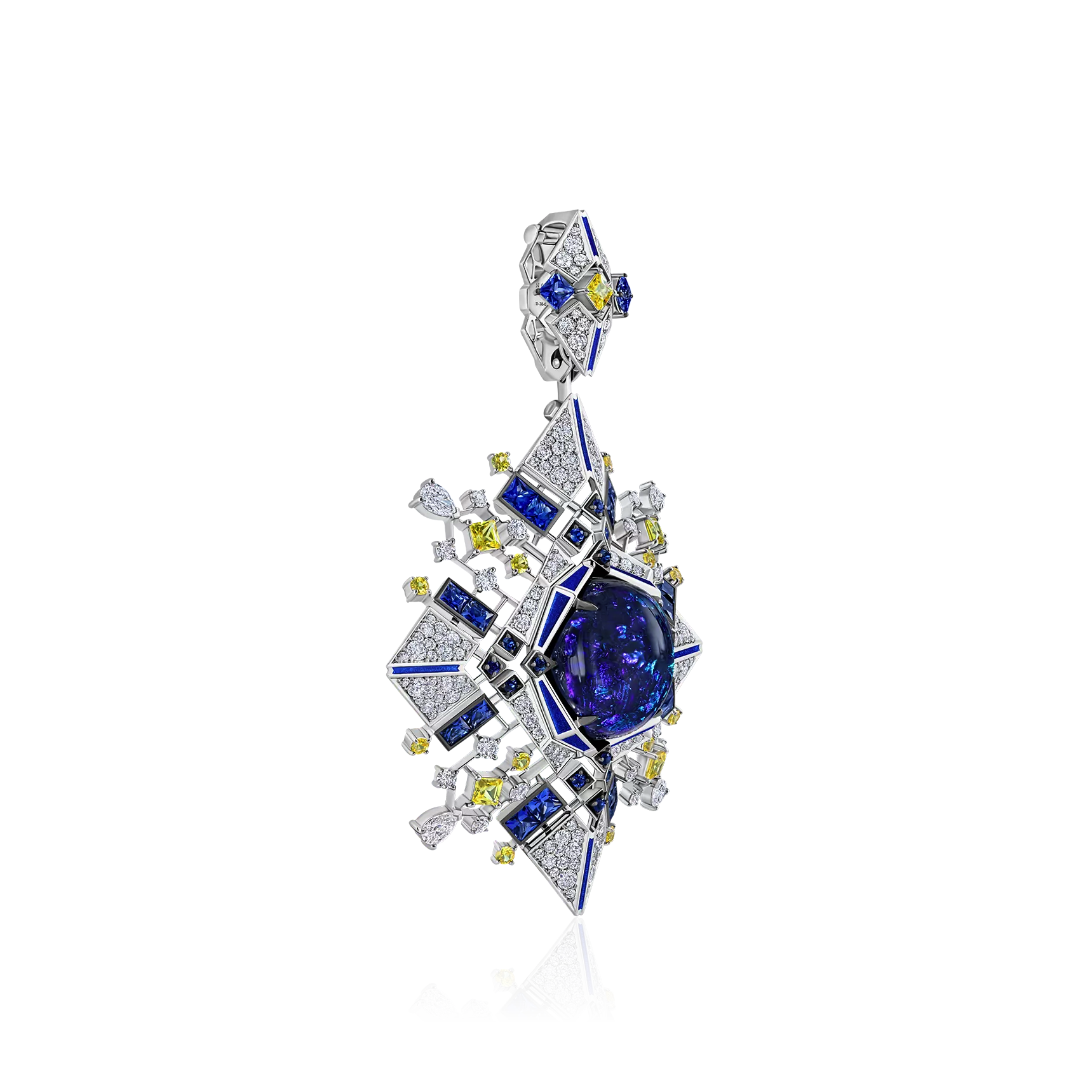 Кулон-брошь с опалом, сапфиром, бриллиантами из белого золота 750 пробы, фото № 2