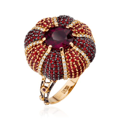 Кольцо с рубеллитом, рубином, оранжевыми сапфирами из желтого золота 750 пробы, фото № 1