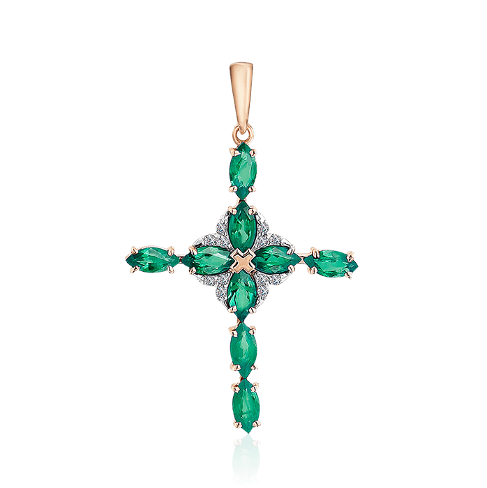 Крест с бриллиантами, изумрудом из красного золота 585 пробы (арт. 56431)