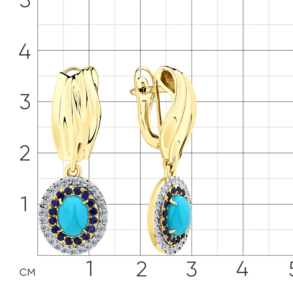 Серьги с сапфиром, бриллиантами, бирюзой из желтого золота 585 пробы, фото № 2