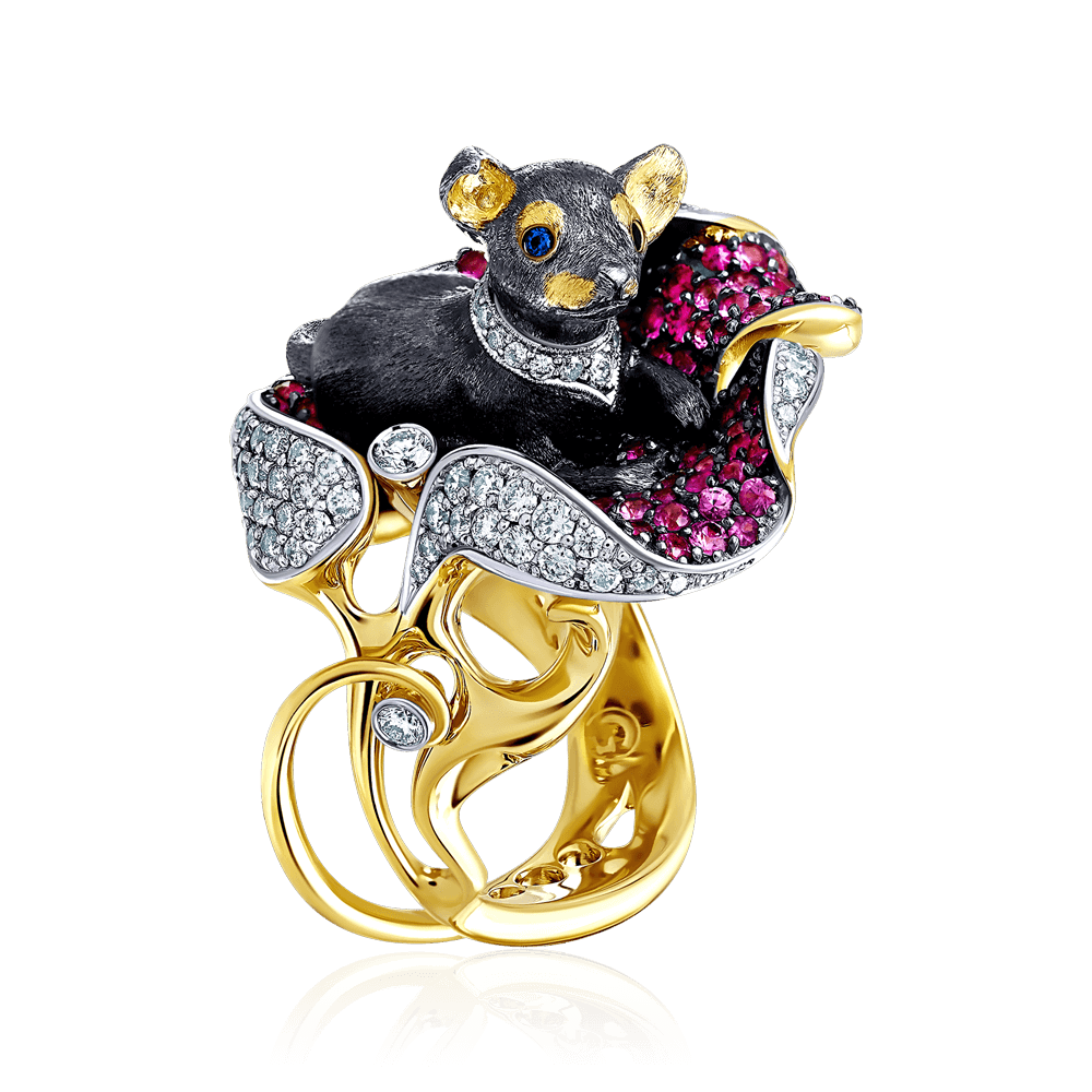Авторское кольцо Той-терьер с розовыми и синими сапфирами, бриллиантами из желтого золота 750 пробы, фото № 1