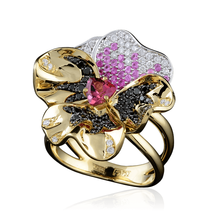 Кольцо цветок с турмалином, розовыми сапфирами, рубинами и бриллиантами из желтого золота 750 пробы, фото № 2