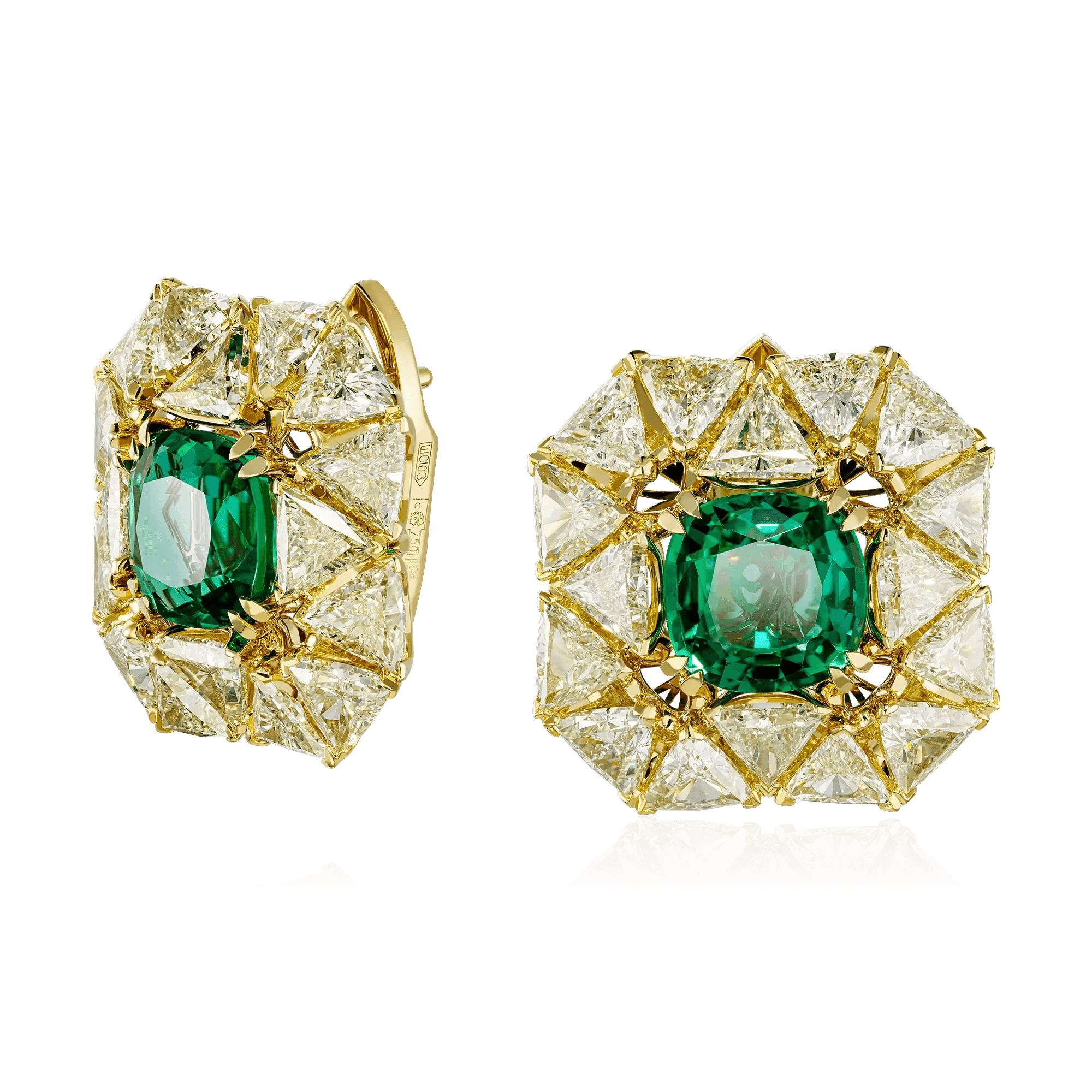Серьги с изумрудом, бриллиантами из желтого золота 750 пробы (арт. 122360)