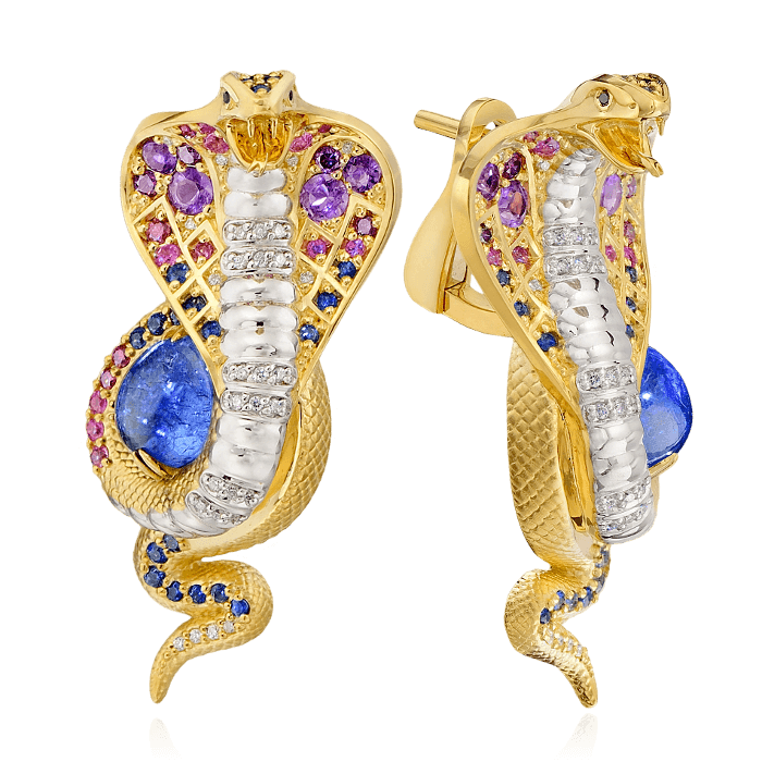 Серьги Кобры с танзанитом, бриллиантами, аметистом, цветными сапфирами из желтого золота 750 пробы (арт. 38720)