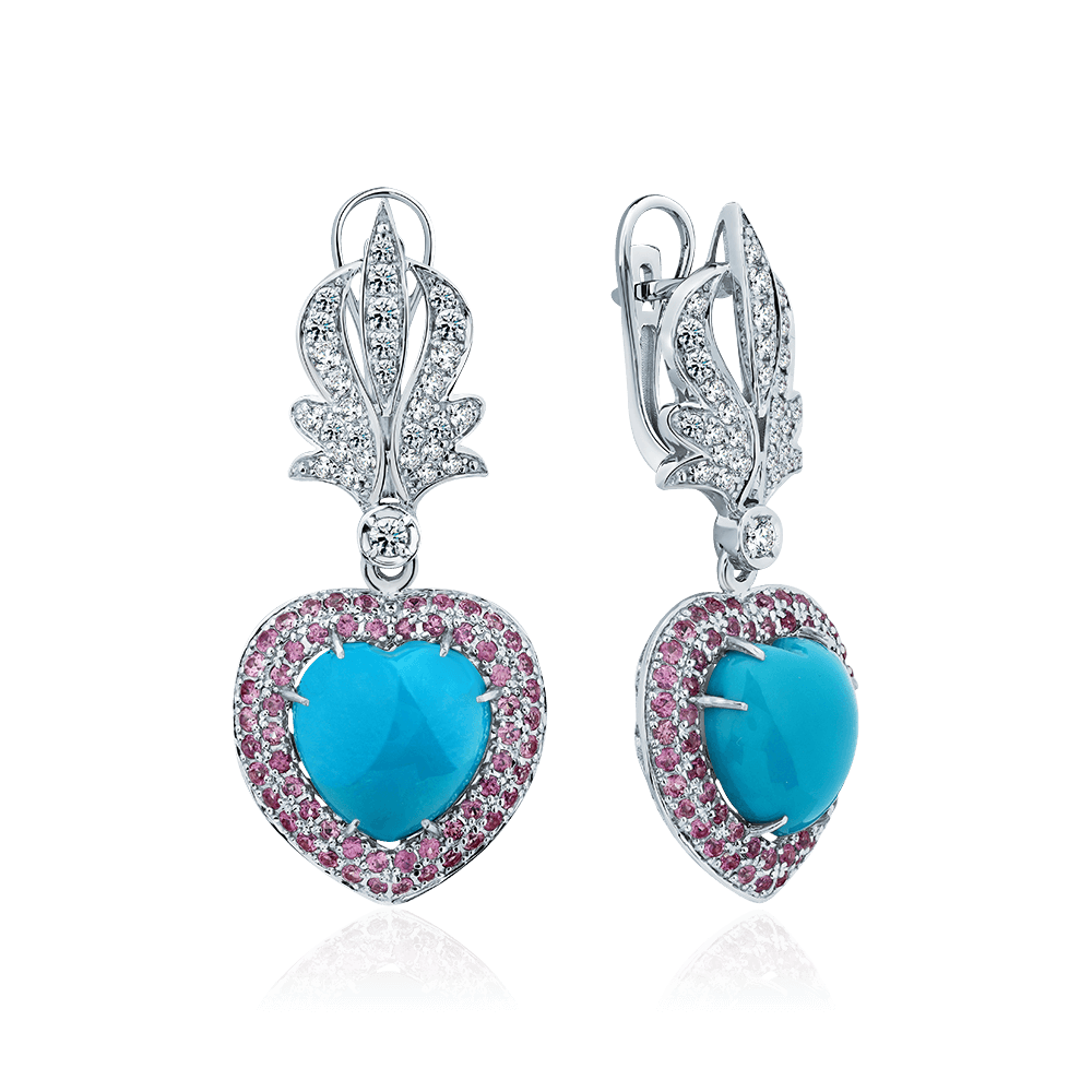 Серьги с сапфиром, бриллиантами, бирюзой из белого золота 585 пробы, фото № 1
