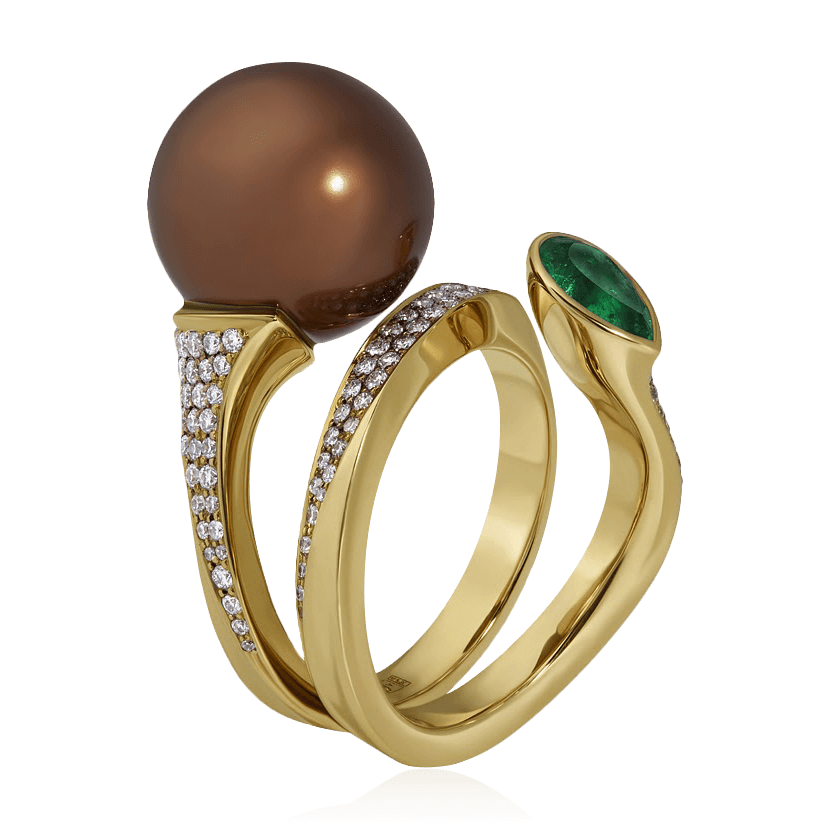 Кольцо с жемчугом, изумрудом, бриллиантами из желтого золота 585 пробы, фото № 1