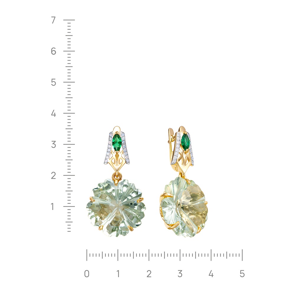 Серьги с цитрином, кварцем, бриллиантами из желтого золота 585 пробы, фото № 4