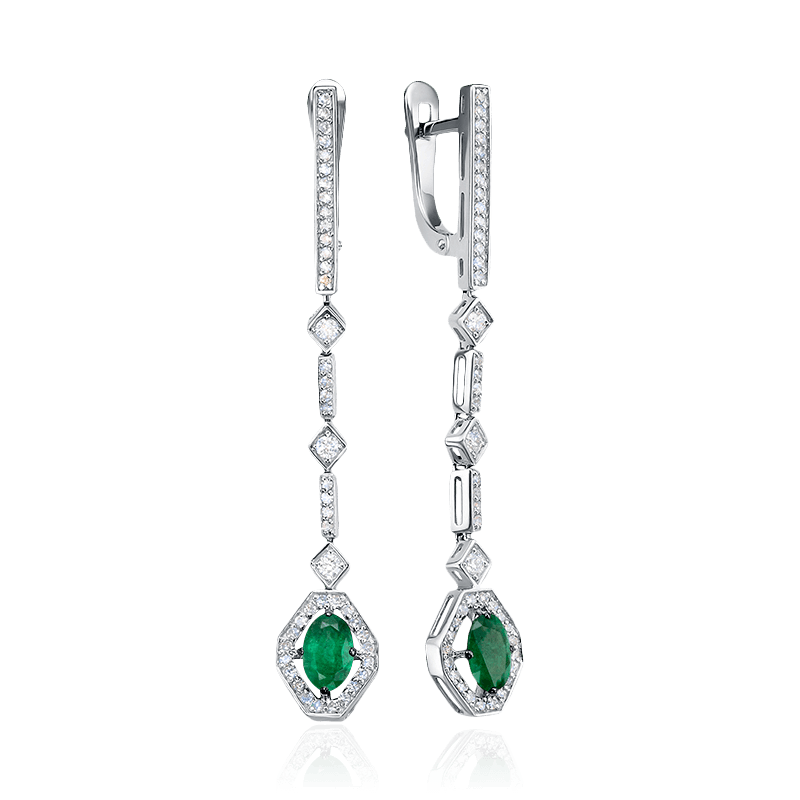 Серьги с изумрудом, бриллиантами из белого золота 585 пробы (арт. 122568)