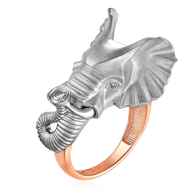Кольцо с бриллиантами из комбинированного золота 585 в форме священного слона, выполненного с помощью гальванического покрытия, из коллекции Diamond Tropic, фото № 1