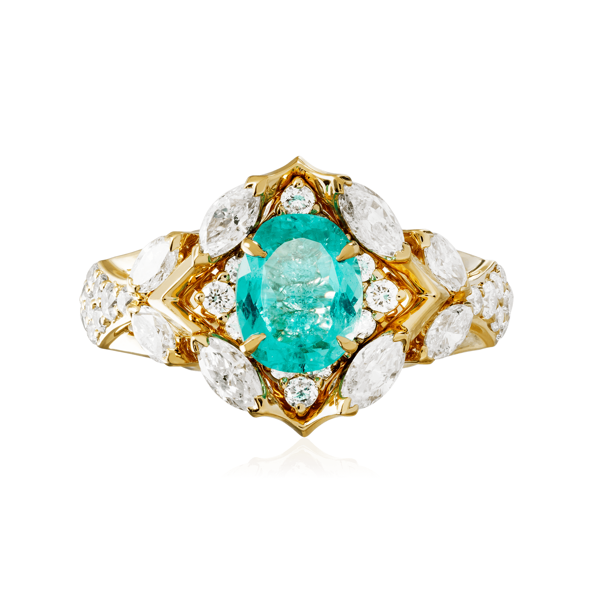 Кольцо с турмалином Параиба, бриллиантами из желтого золота 750 пробы, фото № 2