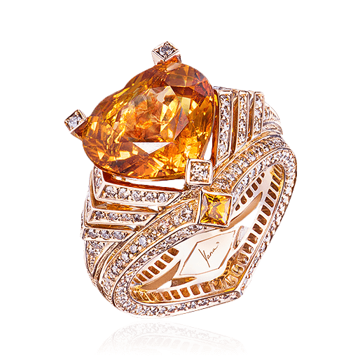Кольцо со спессартином, бриллиантами из желтого золота 750 пробы (арт. 91747)