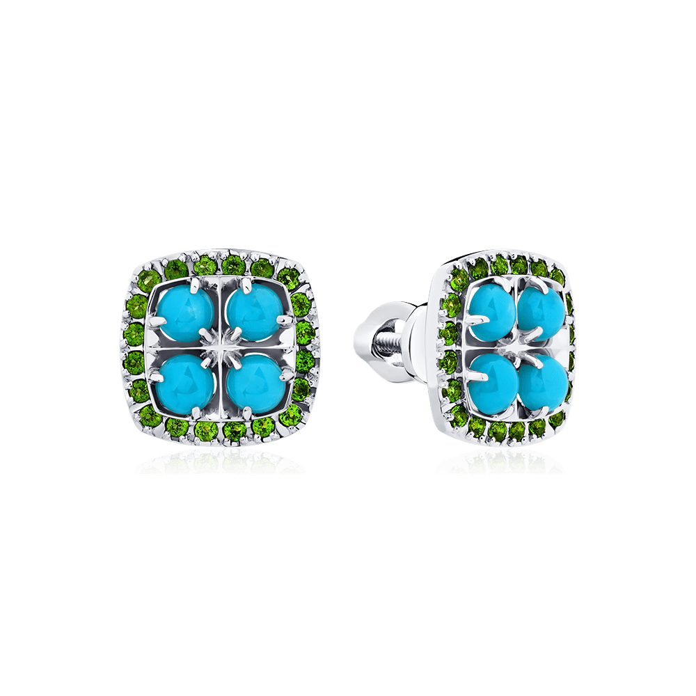 Серьги с бирюзой, хромдиопсидом из белого золота 585 пробы, фото № 1