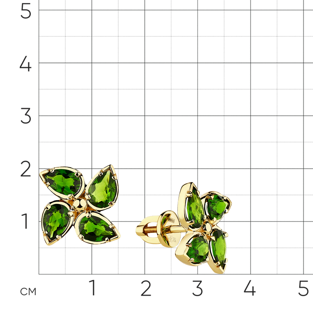 Серьги с хромдиопсидом из желтого золота 585 пробы, фото № 2