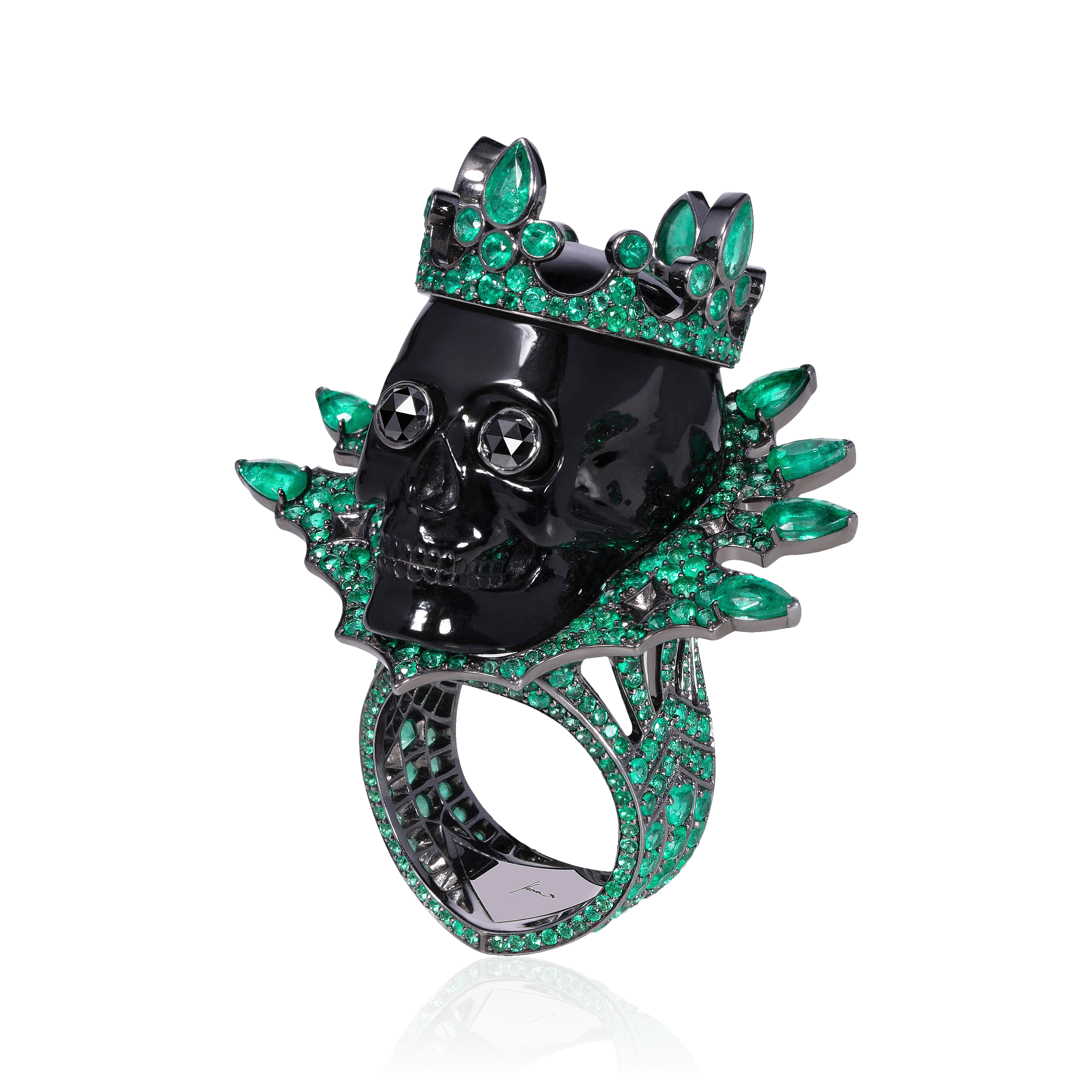Кольцо Череп с бриллиантами, изумрудом, обсидианом из черного золота 750 пробы, фото № 1